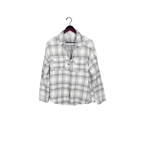 Hollister Tops - Hollister Flannel Shirt Large Gray/White Plaid Boyfriend Fit Pockets Jacket